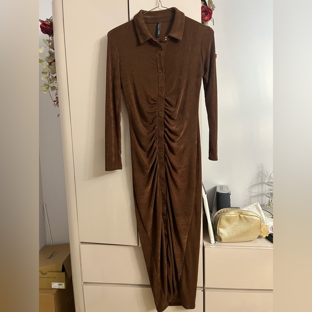 Women's Brown Ruched Button-Front Shirt Dress